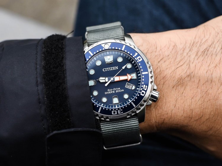 Citizen Promaster Eco-Drive diver with dark dial and rotating bezel on the wrist