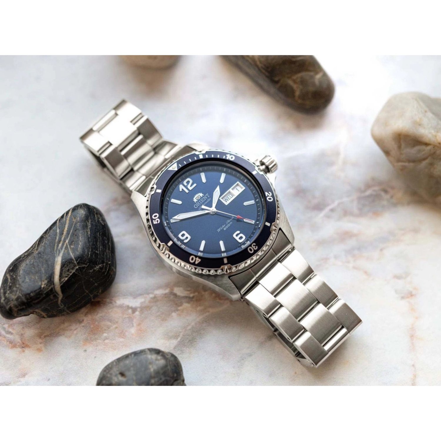 Orient automatic dive watch with blue dial and steel bracelet
