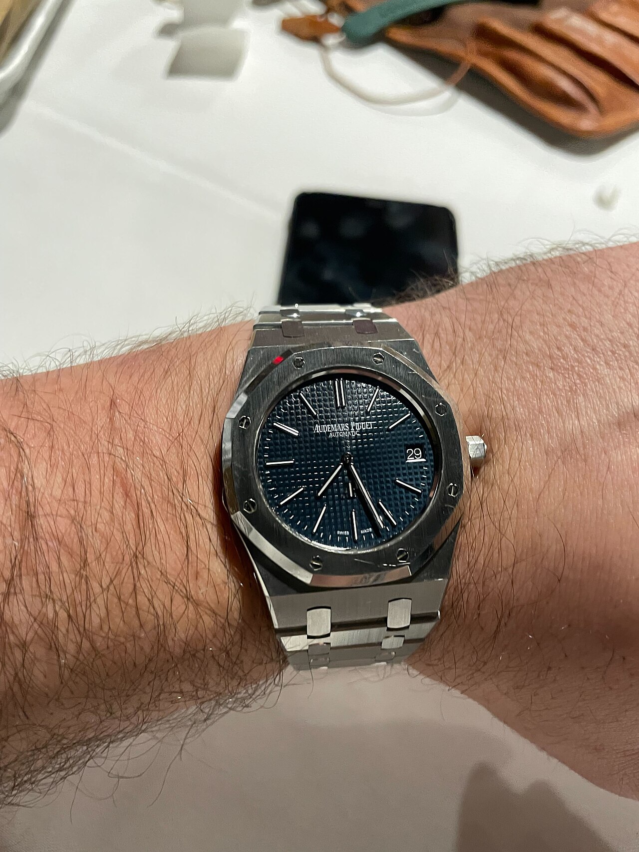 Audemars Piguet Royal Oak with blue Tapisserie dial, octagonal bezel and integrated steel bracelet (ref. 15202 shown)