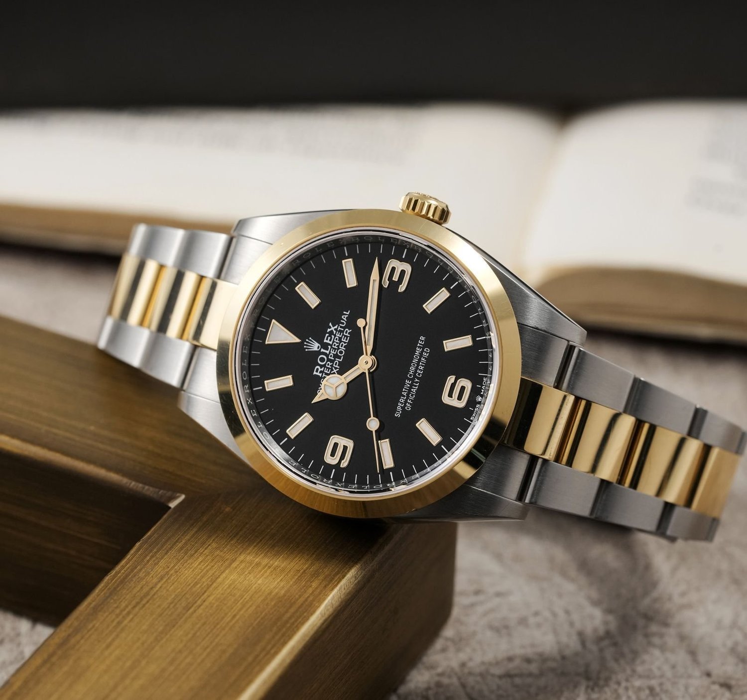 Rolex Explorer style field watch with black 3-6-9 dial